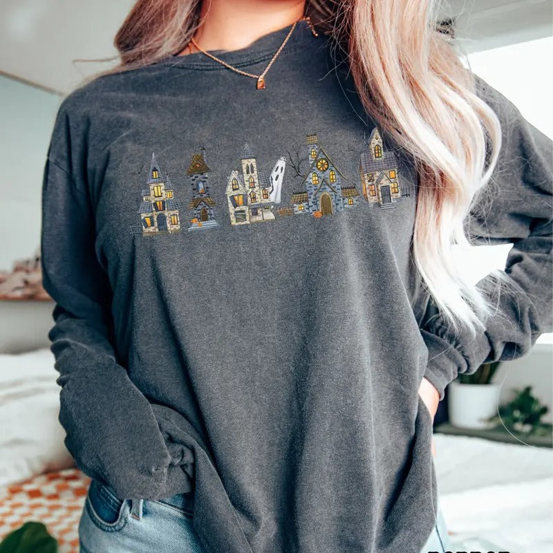 Halloween Comfort Colors Shirt, Watercolor Haunted House Halloween Shirt for Women, Vintage Halloween Tee, Pumpkin Shirt...