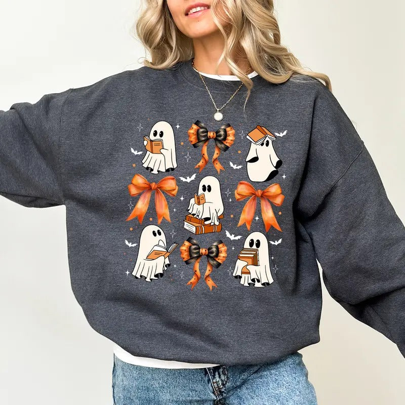 Halloween Coqquett Bow Book Ghost Sweatshirt, Cute Boos Reading Creweck for Women, Coqquett Bow Sweater, Ghost Reading...