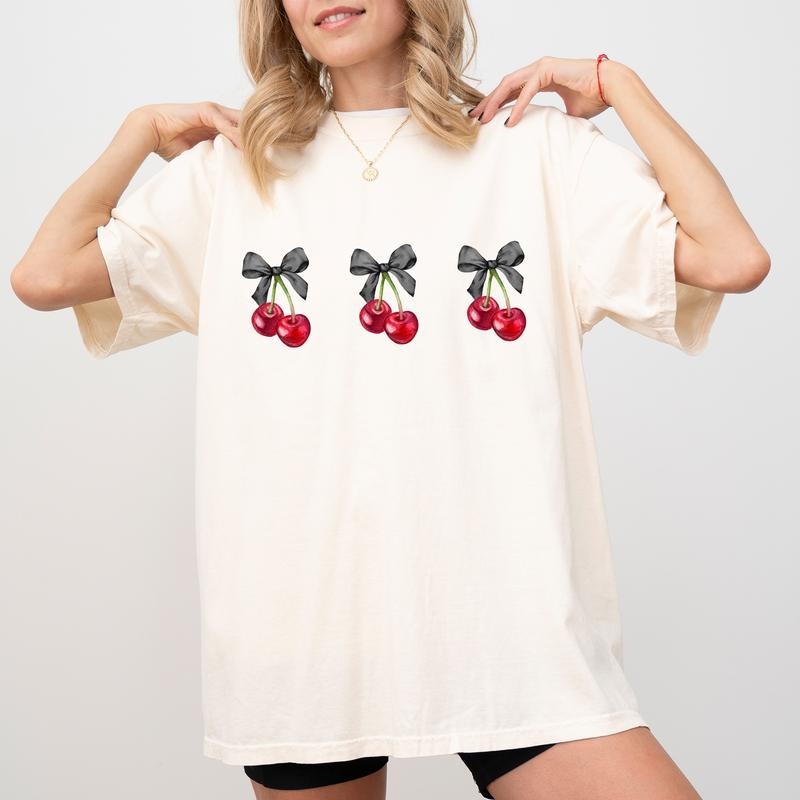 Halloween Coquette Black Bow Cherries Comfort Colors Shirt, Coquette Cherries Graphic Printed Tee, Coquette Black Bows...