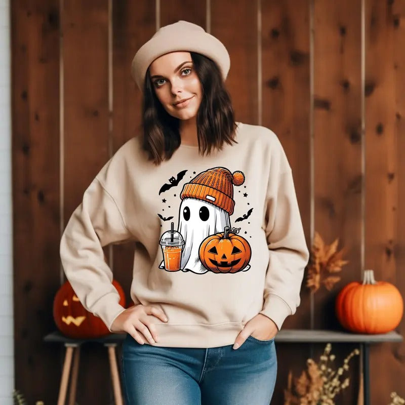 Halloween Funny Cute Ghost Pumpkin Fall Spooky Season Unisex Sweatshirt Cotton Printed T-Shirts, Hoodie | RetroVerseTees.com