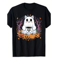 Halloween Ghost Cat FOG Pumpkin Printed T-shirt Comfortable Breathable, Casual Short Sleeve, Daily Wear, Spiky hair...