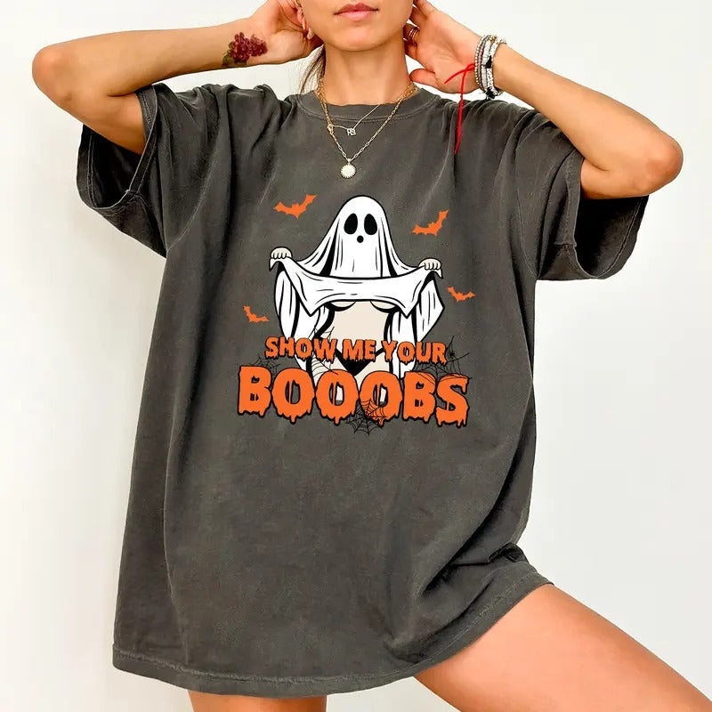 Halloween Ghost Show Me Your Booobies Shirt Comfort Colors, Funny Ghost Tee, Halloween Boo Shirt, Halloween Party Tees,...