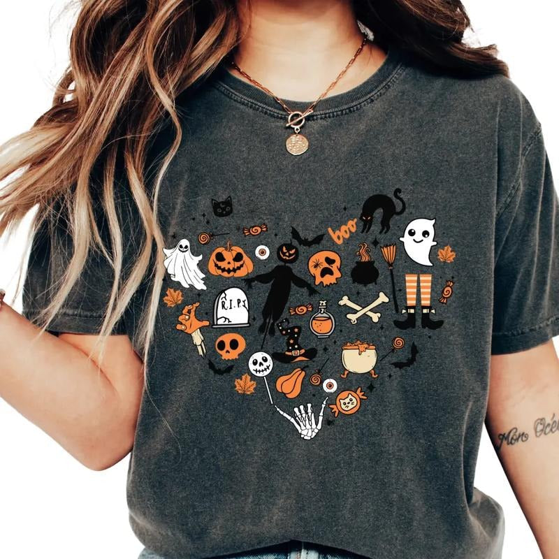 Halloween Heart Shirt, Retro Halloween Tee, Comfort Colors Shirt, Ghost Halloween Shirt, Casual Shirt Unisex, Halloween...