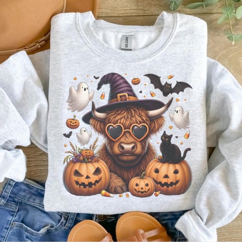 Halloween Highland Cow Sweatshirt - Ash Grey - Halloween Sweatshirt T-Shirts, Hoodie | RetroVerseTees.com