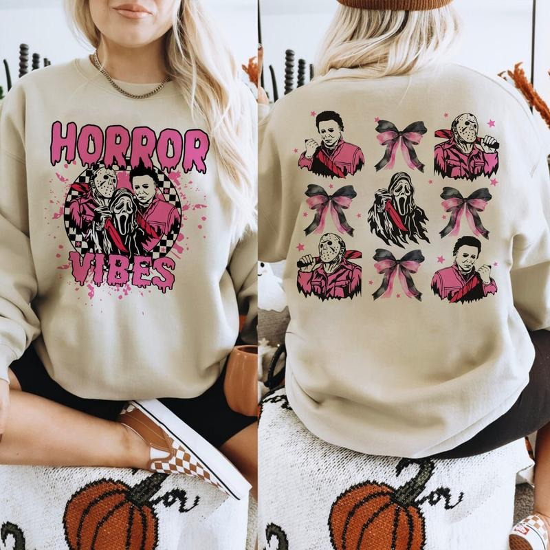 Halloween Horr0r Shirts, Horr0r Vibes Shirt, Halloween Coquette Bow Sweatshirts, H0rror Character Hoodie | RetroVerseTees.com