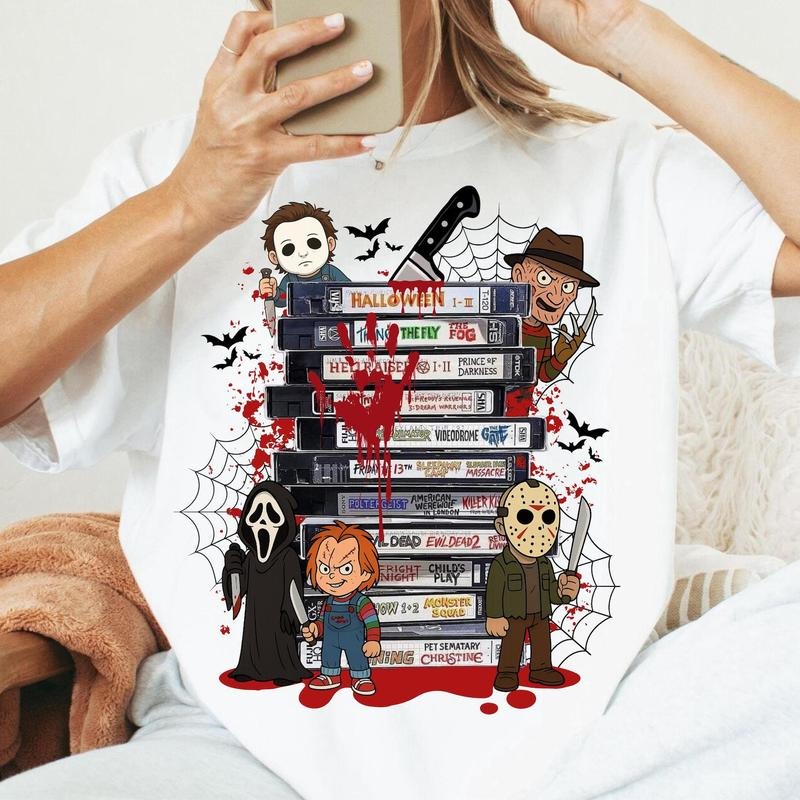 Halloween Horror Movie VHS Shirt, 90s Horror Movie Shirt, Retro Scary Movie Characters Shirt, 90s VHS Halloween Shirt,...