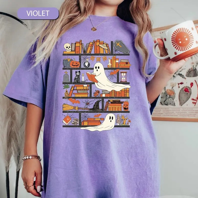 Halloween Library Shirt, Ghost Reading Books Shirts, Teacher Librarian Halloween Gift, Spooky Season Trendy Shirt,...