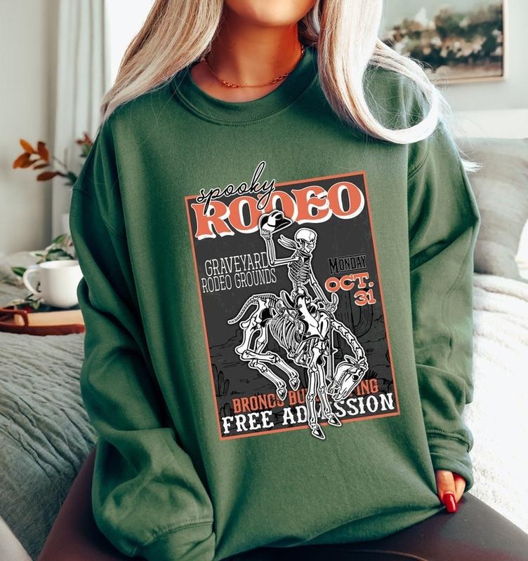 Halloween Rodeo Sweatshirt, Skeleton Cowboy Shirt, Western Halloween Sweater, Retro Halloween T-Shirt, Western Halloween...