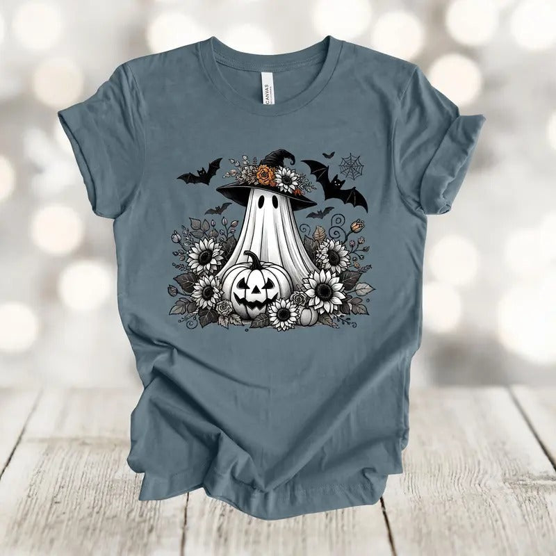 Halloween Shirt, Ghost With Flowers Pumpkin And Bats, Floral Spooky, Premium Unisex Shirt Hoodie, Sweatshirt