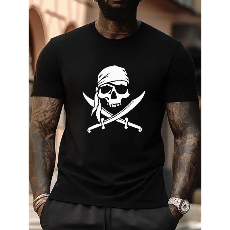 Halloween Special Pirate Skull Printed Men's T-Shirt , Cotton Short Sleeve Top T Made in USA Hoodie, Sweatshirt