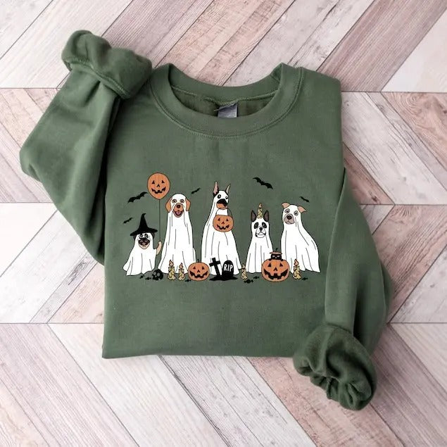 Halloween Sweatshirt, Halloween Sweater,2023 Happy Halloween, Retro Spooky Season, Ghost Sweatshirt,Halloween Dog...