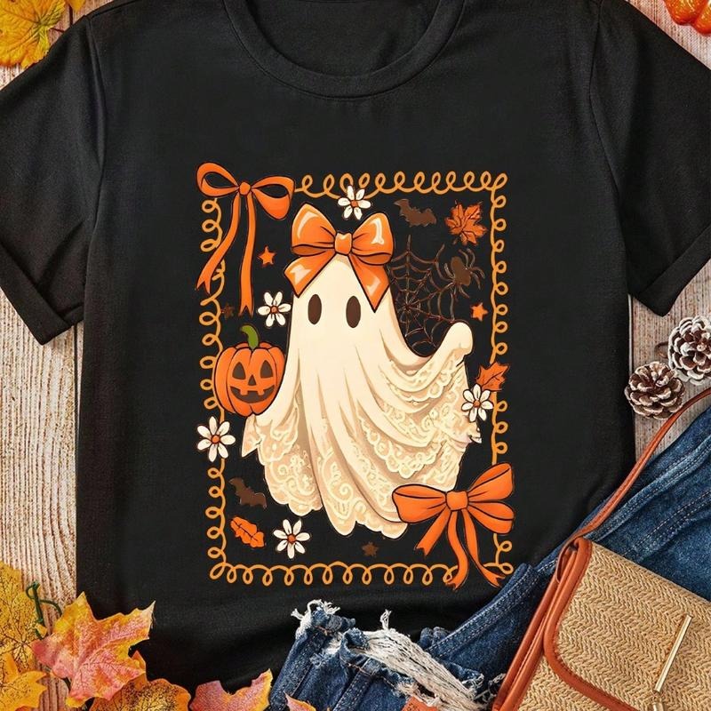 Halloween Women'WB shield Bow Ghost Pumpkin Flower Graphic Tee, FALL VIBES Cute Fashion Casual T-Shirt Round Neck Short...