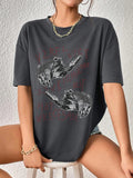 Women'WB shield Cat / Hand & Letter Print Round Neck Tee, Fashion Casual Crew Neck T-shirt for Daily Holiday Vacation...