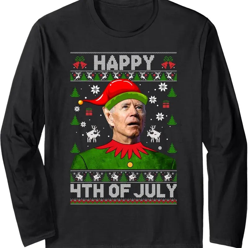 Happy 4th Of July Funny Joe Biden Ugly Christmas Sweater Long Sleeve T-Shirt Hoodie, Sweatshirt | RetroVerseTees.com