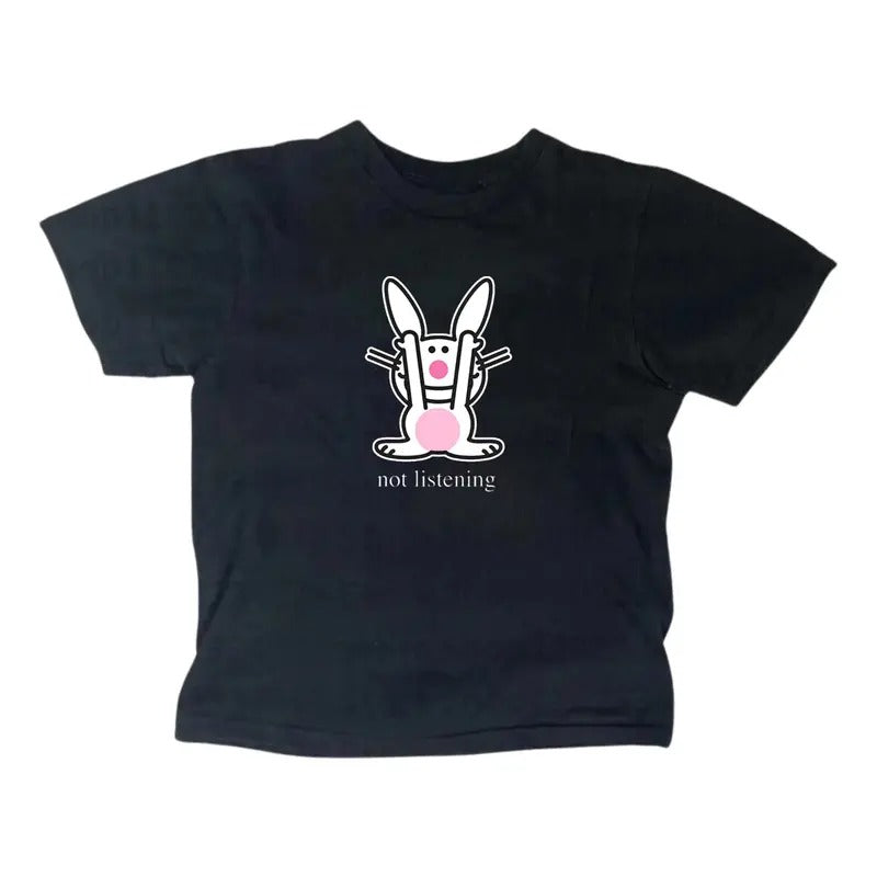 Happy Bunny No Listening Baby Tee, Gothic Emo Girl Top, Scene Clothing 2000s, Y2k Top Women Streetwear, Casual Cotton...