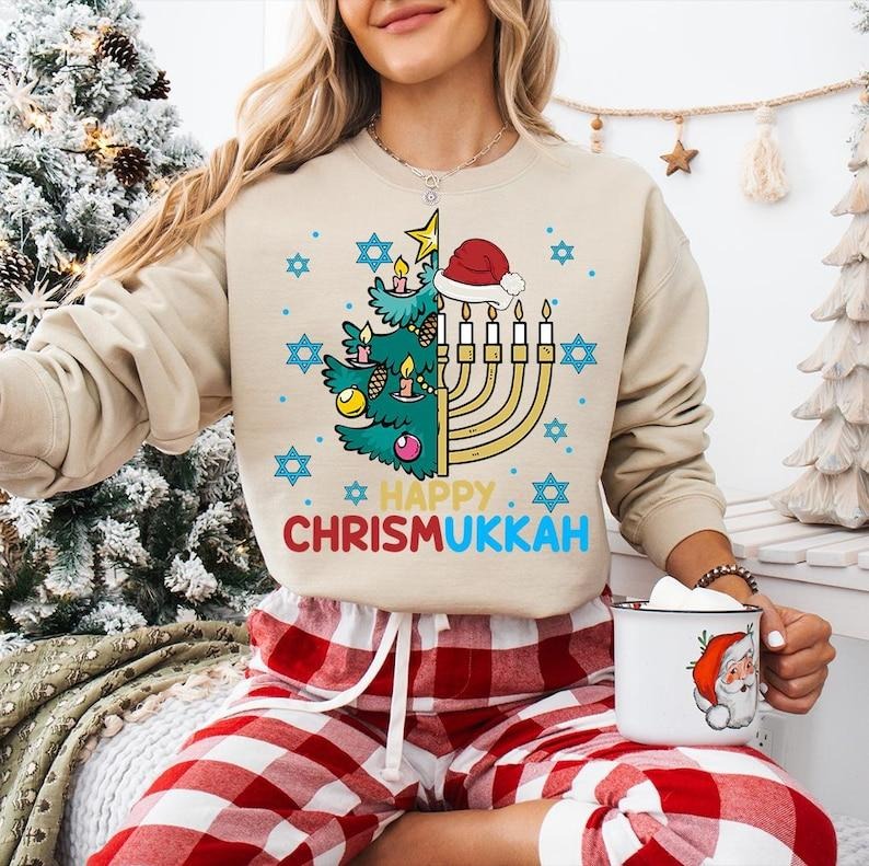 Happy Christmukkah , Menorah Christmas , Judaica Candle Sweatshirt, Jewish Religious , Family Xmas Hanukkah Tee, Judaica...