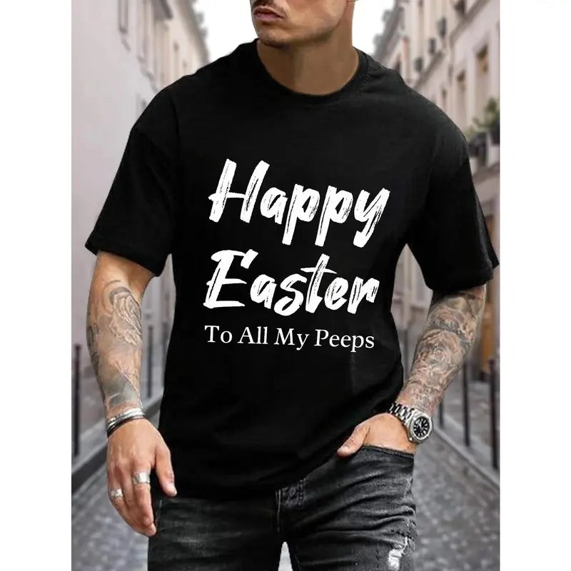 Happy Easter Letter Print Men's Casual Short Sleeve Crew Neck T-shirt, Summer Holiday Made in USA