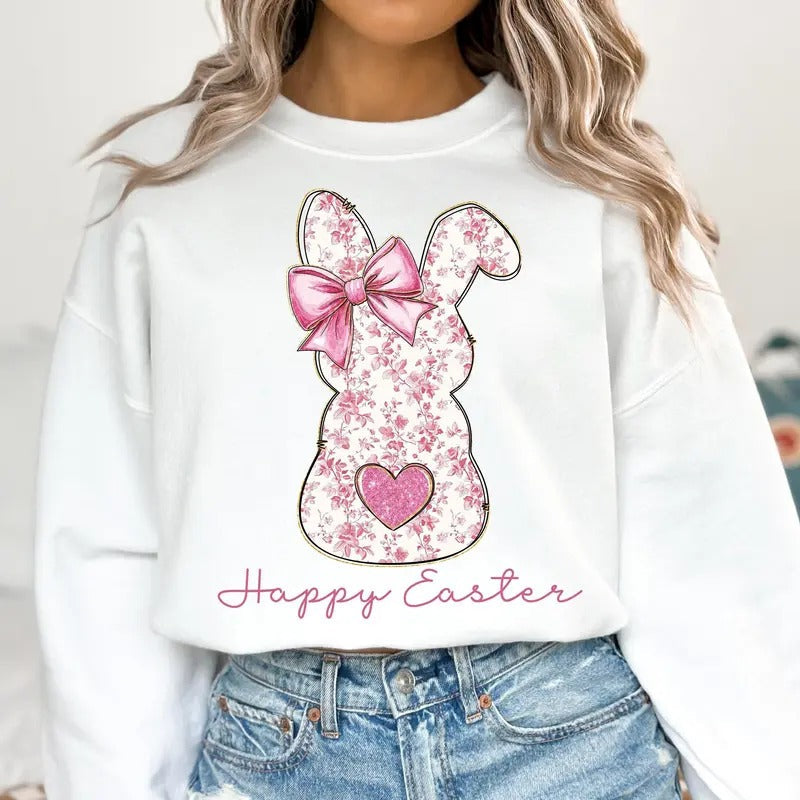 Happy Easter Tshirt Sweatshirt, Pink Floral Chinoiserie Bunny Shirt, Pink Toile Easter Rabbit, Easter Coquette, Unisex...