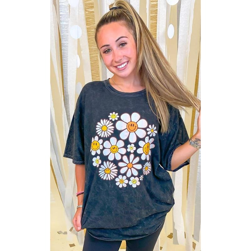 Happy Flowers Mineral Washed Graphic Shirt Hoodie, Sweatshirt | RetroVerseTees.com