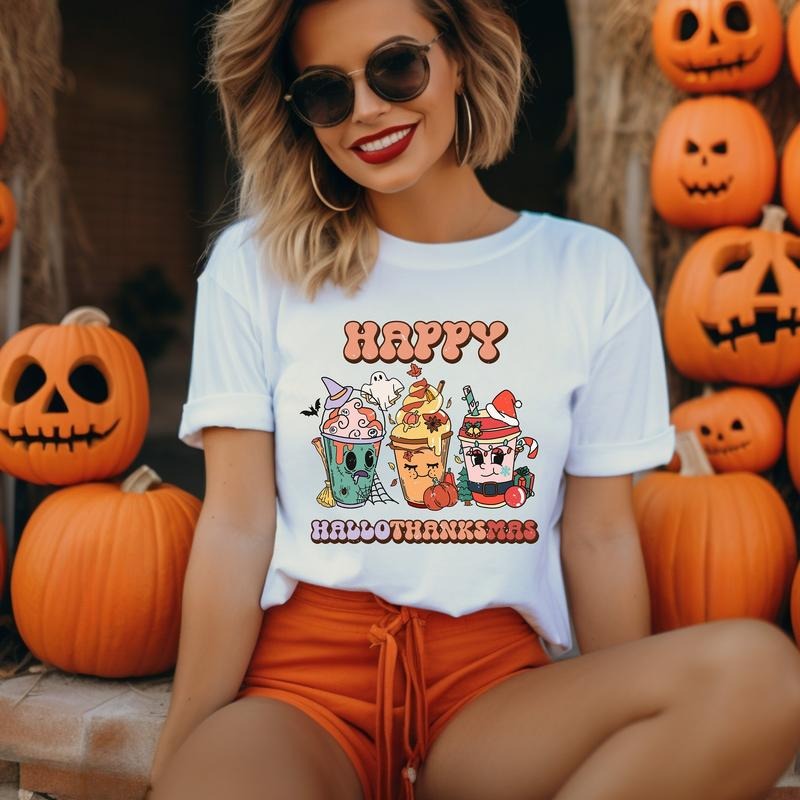 Happy Hallothanksmas Shirt - Unisex Cotton T-shirt for Halloween, Thanksgiving, Christmas, and Autumn