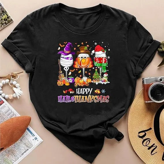 Happy Hallothanksmas Wine Sweatshirt, Funny Happy Hallothanksmas Wine Shirt, Wine Christmas Shirt Gift For Wine Lover Hoodie