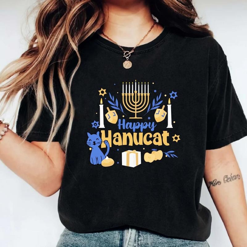 Happy Hanucat T-Shirt, Matching Jewish Family Shirt, Hanukkah Gift Tee, Menorah Shirt For Mother, Cat Lover Hanukkah Tee....