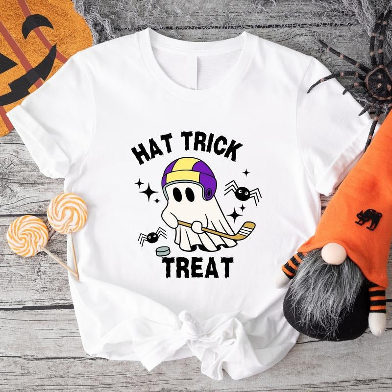 Hat Trick or Treat Shirt, Hockey Halloween T-Shirt, Cute Ghost Tee, Matching Hockey Player Halloween Gift Tee, Boo Day...