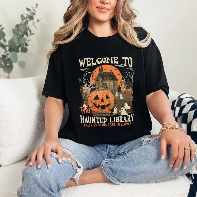 Haunted Library Halloween Sweatshirt, Bookish Halloween Tee Shirt, Funny Halloween Librarian Graphic T-Shirt, Ghost...