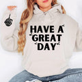 Have A Great Day Hoodie, Skeleton Middle Finger Sleeve Graphic, Sassy, Funny Hooded Sweatshirt T-Shirts | RetroVerseTees.com