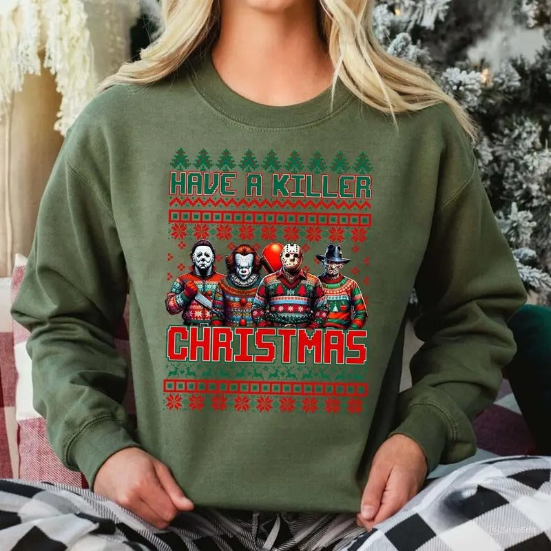 Have A Killer Christmas Sweatshirt, Merry Creepmas Killers Horror Friends Unisex Tee Hoodie | RetroVerseTees.com