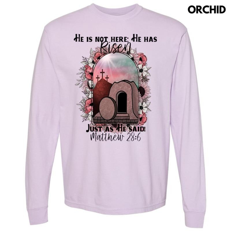 He Has Risen Long Sleeve Comfort Colors T-Shirt Hoodie, Sweatshirt | RetroVerseTees.com