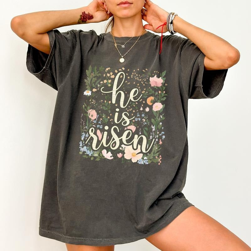 He Is Risen Comfort Colors Shirt, Floral Easter T-shirt, Jesus Easter Graphic Tee, Gift For Christian, Retro Wildflower...