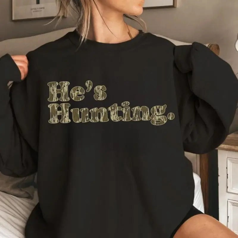 He is Hunting Camoflauge Bottomland Pattern Sweatshirt, Hunting Camo Unisex Sweatshirt T-Shirts, Hoodie | RetroVerseTees.com
