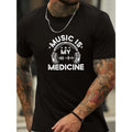 Headphone Pattern And Letter Print "MUSIC IS MY MEDICINE" Crew Neck And Short Sleeve T-shirt, Casual And Chic Tops For...