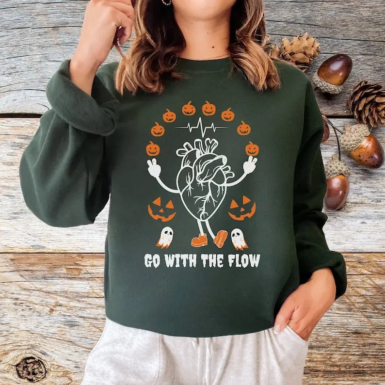 Heart Anatomy Sweatshirt, Halloween Anatomical Heart Crewneck Shirt, Spooky Ghost Nurse Crew Pumpkins Bottom Collar Hoodie