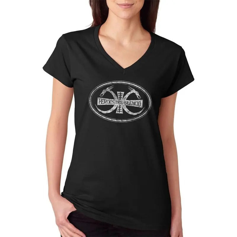 Heroes Del Silencio Bunbury Distressed Logo B Women's V-Neck T-Shirt Casual Comfort Hoodie, Sweatshirt | RetroVerseTees.com