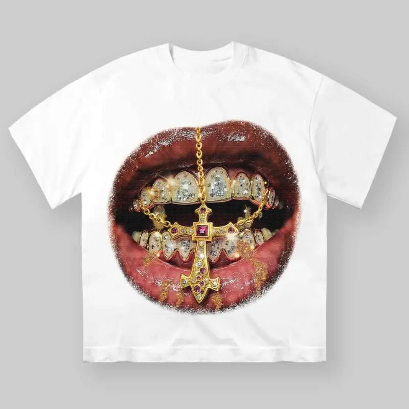 High-Quality Golden Cross Diamond Patch Grills Print Y2k T-shirt, Unisex Cotton Crewneck T-Shirt