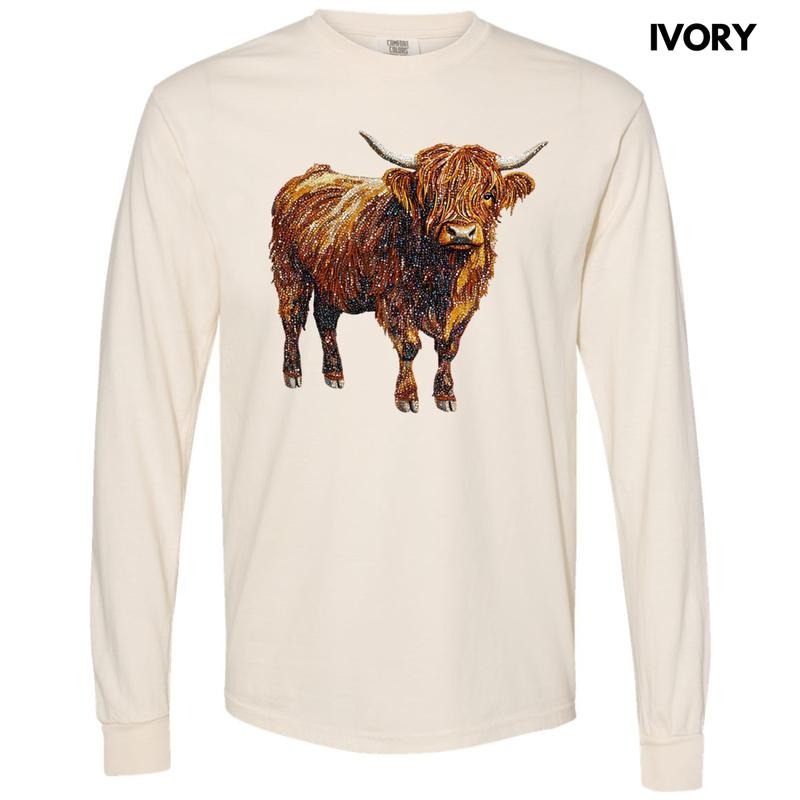Highland Cow Faux Rhinestone Long Sleeve Comfort Colors T-Shirt Hoodie, Sweatshirt | RetroVerseTees.com