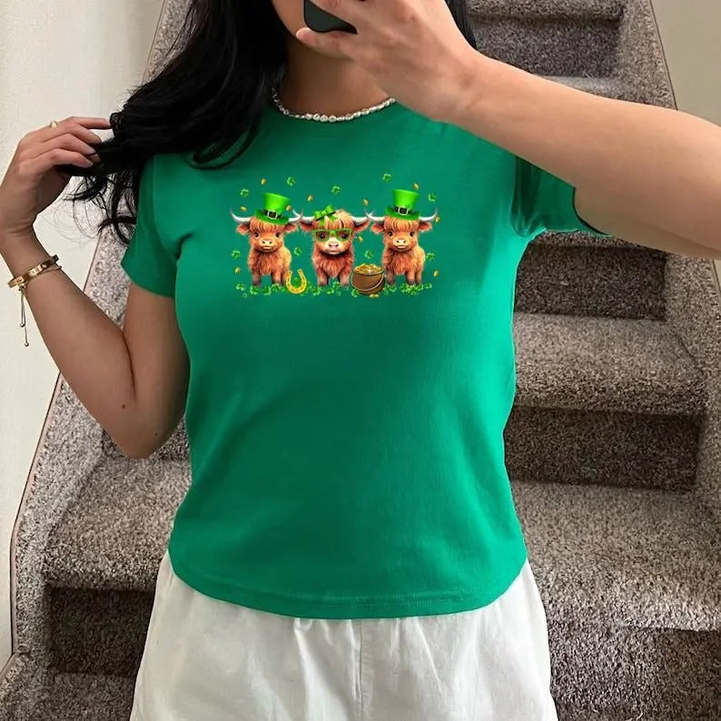Highland Cow Print St Patrick's Day Shamrock Irish Holiday Baby Tee Hoodie, Sweatshirt | RetroVerseTees.com