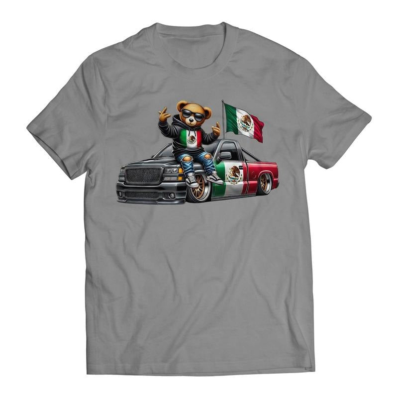 Hip Hop Bear Mexican Flag Truck Inspired Cartoon Men's Graphic Trending T-Shirt Hoodie, Sweatshirt | RetroVerseTees.com