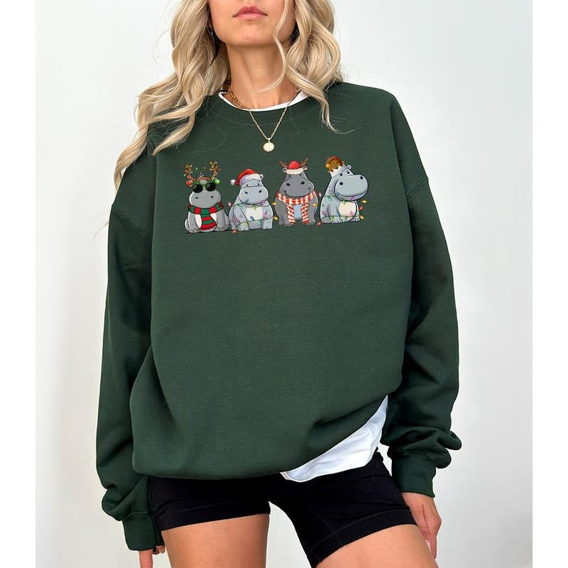 Hippopotamus Christmas Sweatshirt, Retro Hippo Christmas Shirt, Holiday Sweaters, Christmas Gift, Christmas Crewneck,...
