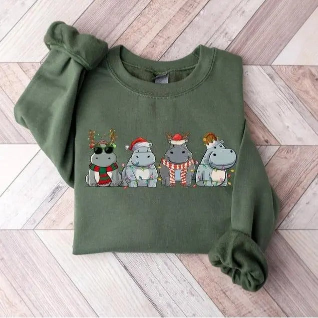 Hippopotamus Christmas Sweatshirt, Retro Hippo Shirt, Holiday Sweaters, Christmas Gift, Christmas Crewneck, Womens...