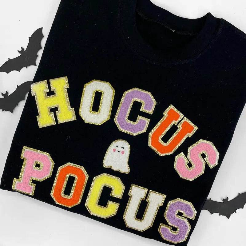 Hocus Pocus Letter Patch Crewneck Sweatshirt, Chenille Letter Patches, Halloween T-Shirts, Hoodie | RetroVerseTees.com