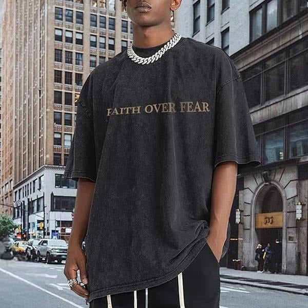 Holafish FAITH OVER FOG Men'WB shield Oversized 230 High-quality Cotton Vintage Trendy Brand T-shirts,Short Sleeved Round...