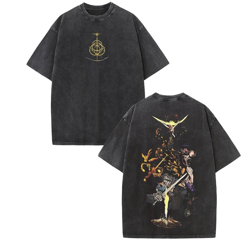 Holafish Front Gunpla brand Back Graphic Print, Boutique 230g Washed Distressed Batik Thickened Cotton Lightsaber...
