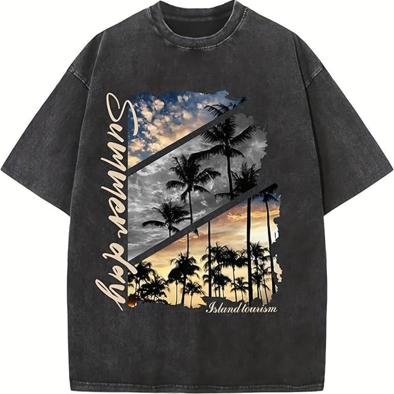 Holafish Oversized Unisex Vintage Acid Wash T-Shirt - Heavyweight Cotton Tee with Geometric Palm Tree Sunset Graphic &...