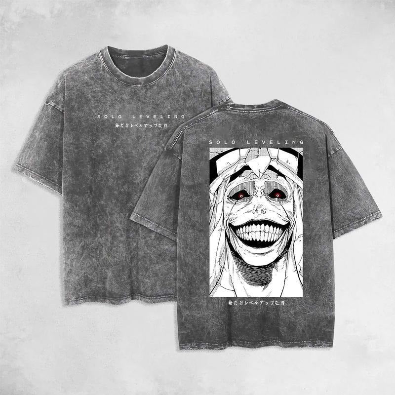 Holafish Statue FOG FOG Solo Leveling Double Printed Washed T-Shirt Unisex Mineral Manga Washed Heavy Cotton T-shirt...