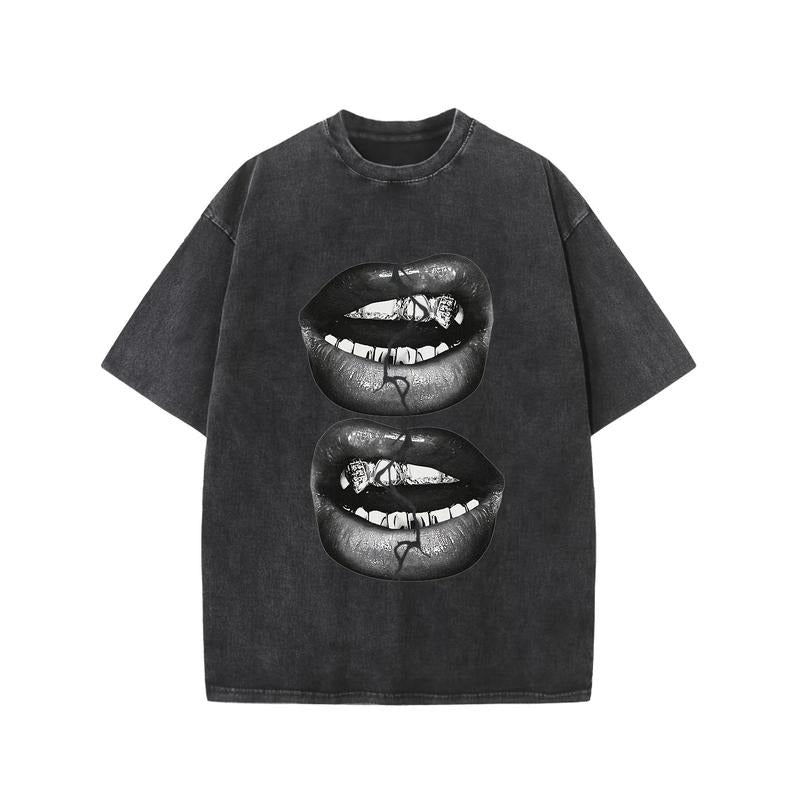 Holafish Vintage Oversized Acid Wash Cotton T-Shirt with Bold Tearing Lips Graphic