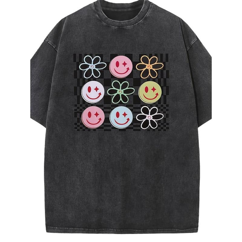 Holafish Vintage Style Acid Wash Tee Shirt - FOG, Breathable, Relaxed Fit, Short Sleeve, Casual Summer Wear For Women