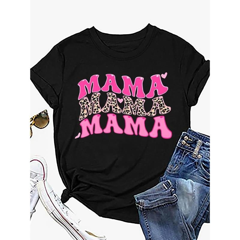 Holafish Women'WB shield Casual Crew Neck T-Shirt with Pink Leopard Print Heart & "MAMA" Lettering, Cotton Fabric,...